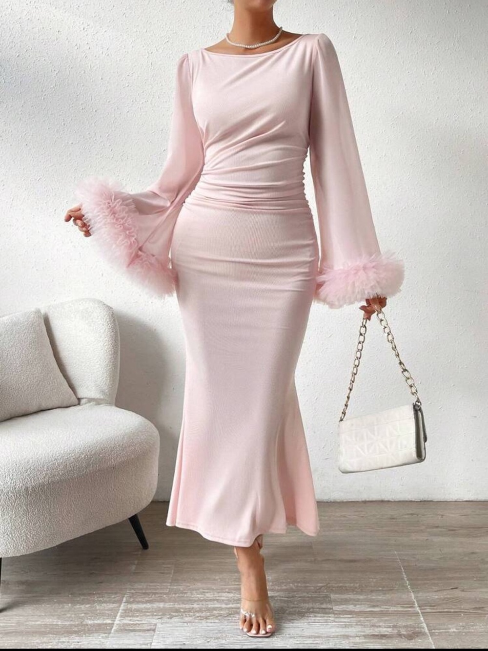 Elegant Blush Pink Feather-Cuff Midi Dress